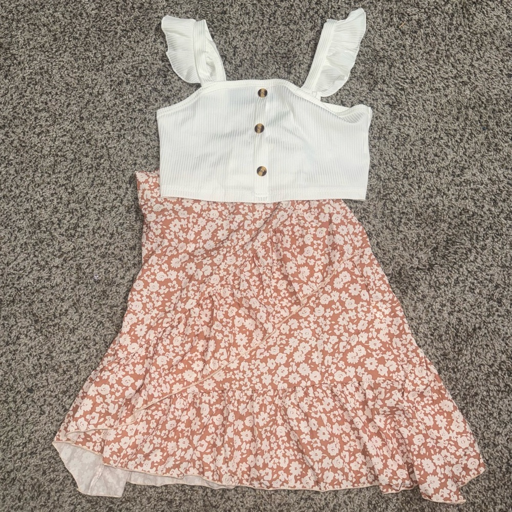 Girls White Ruffle Strap Top & Pink Floral Skirt Set